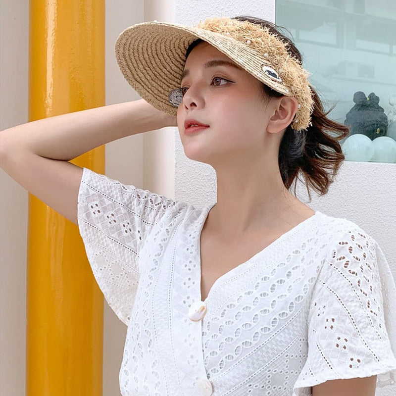 2020 Ins Pearl Panama Women's Summer Hats Visors Raffia Straw Hat for Women Sun Protection Beach kapelusz Female Boater MZ013|Women's Sun Hats|