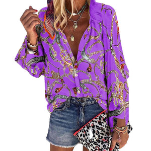2020 New Design Plus Size Women Blouse V neck Long Sleeve Chains Print Loose casual Shirts Womens Tops And Blouses|Blouses & Shirts|