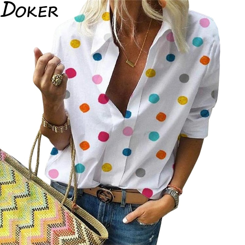 2020 New Polka Dot Blouse Women Turn Down Collar Long Sleeve Shirts Plus Size Clothes Streetwear White Blouse Women Xxl|Blouses & Shirts|