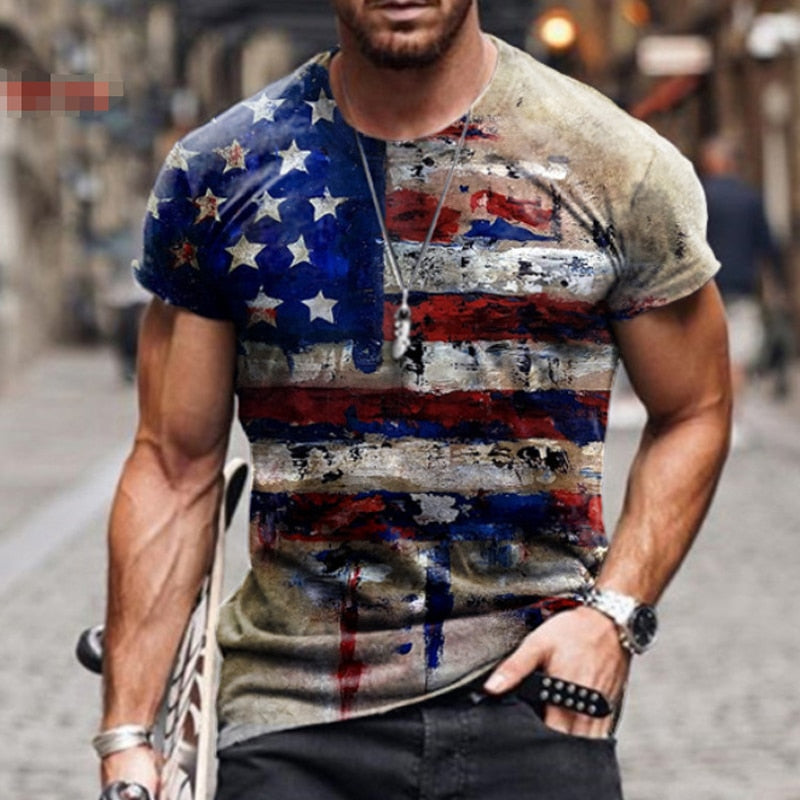 2021 Summer American Flag Print Men's Casual Fashion T shirt Round Neck Loose Oversize Muscle Streetwear Clothing Man's Tshirt|T-Shirts|