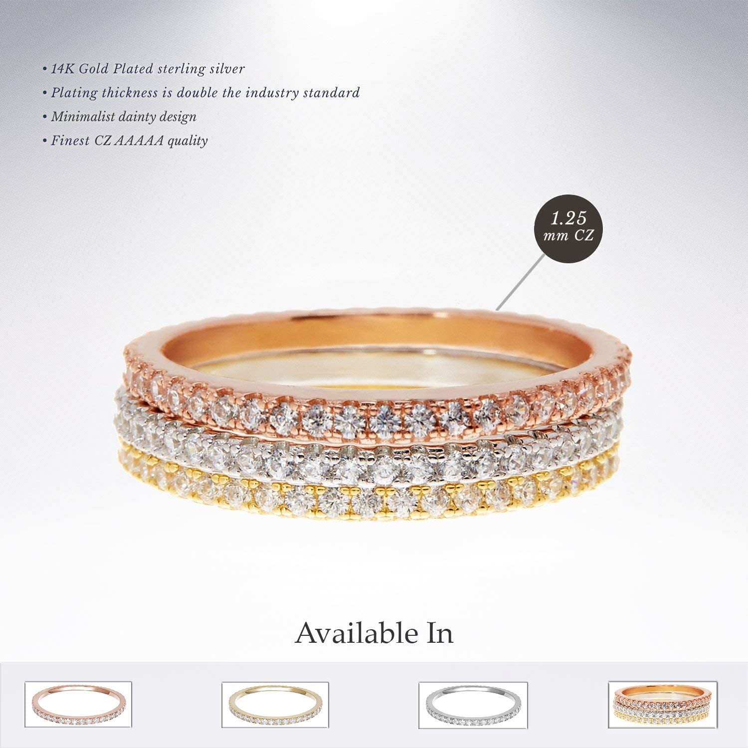 PAVOI 14K Gold Plated Sterling Silver CZ Simulated Diamond Stackable Ring Eternity Bands for Women