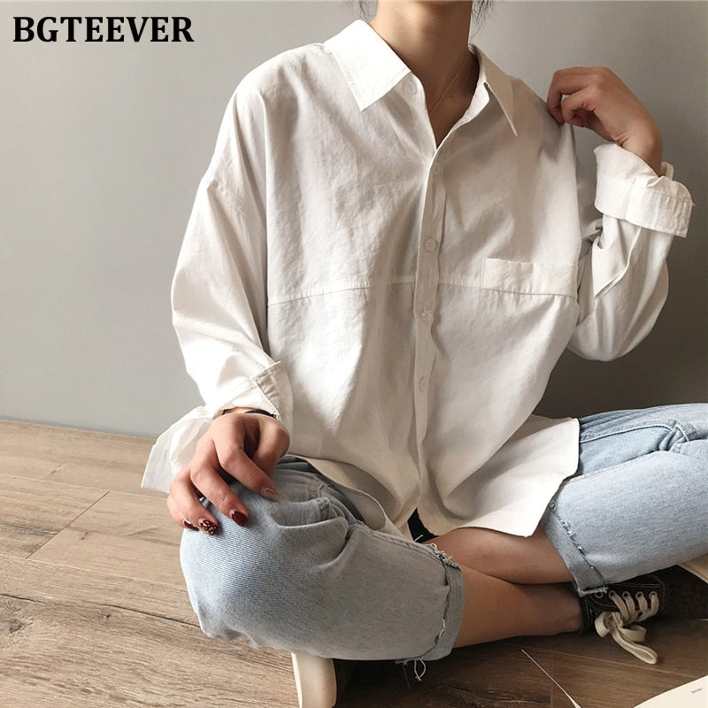 BGTEEVER Minimalist Loose White Shirts for Women Turn down Collar Solid Female Shirts Tops 2020 Spring Summer Blouses|Blouses & Shirts|
