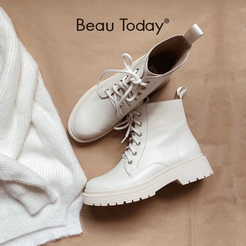 BeauToday Ankle Boots Women Genuine Cow Leather Lace Up Round Toe Lady Booties Autumn Winter Platform Sole Shoes Handmade 03429|Ankle Boots|