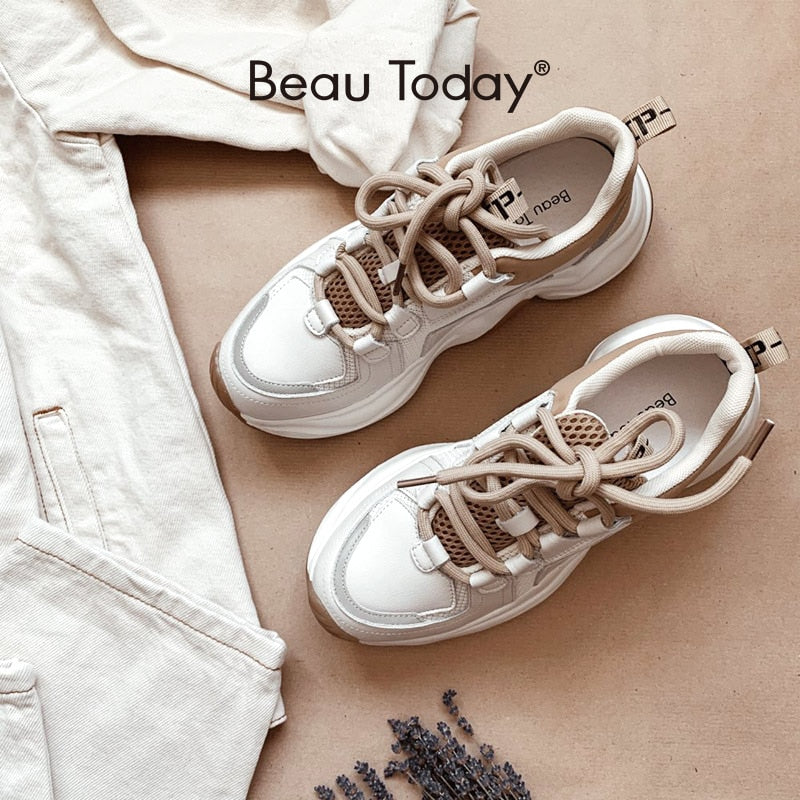 BeauToday Chunky Sneakers Women Cow Leather Mesh Retro Casual Shoes Platform Lace Up Trainers Handmade 29333|Women's Flats|