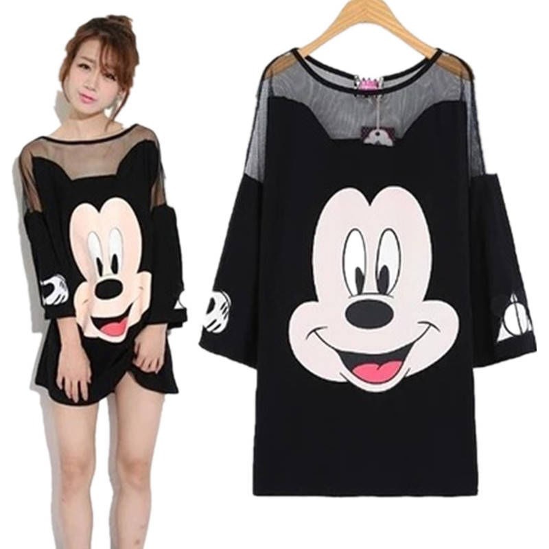 Disney summer Mickey Mouse fashion sexy new women cartoon printed gauze large size loose t shirt women's top short sleeves|T-Shirts|