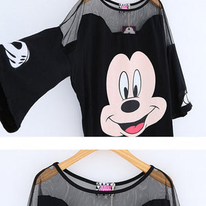 Disney summer Mickey Mouse fashion sexy new women cartoon printed gauze large size loose t shirt women's top short sleeves|T-Shirts|