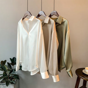 High Quality Elegant Imitation Silk Blouse Spring Women Fashion Long Sleeves Satin Blouse Vintage Femme Stand Street Shirts|Blouses & Shirts|