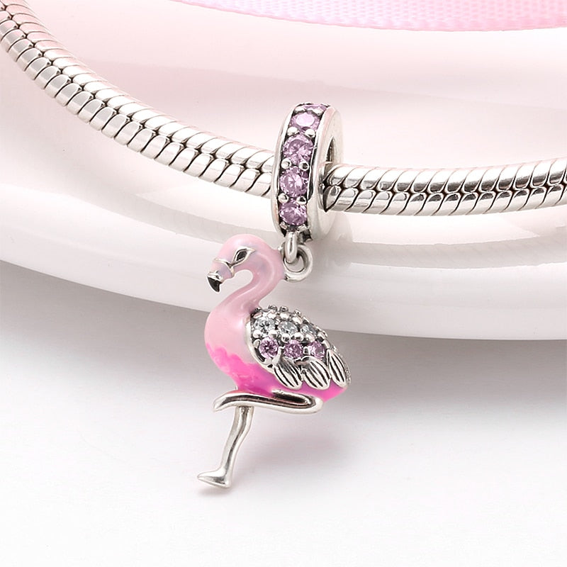 Sterling Silver Pink Sparkling CZ Flamingo Charms bead For jewelry making Pendants