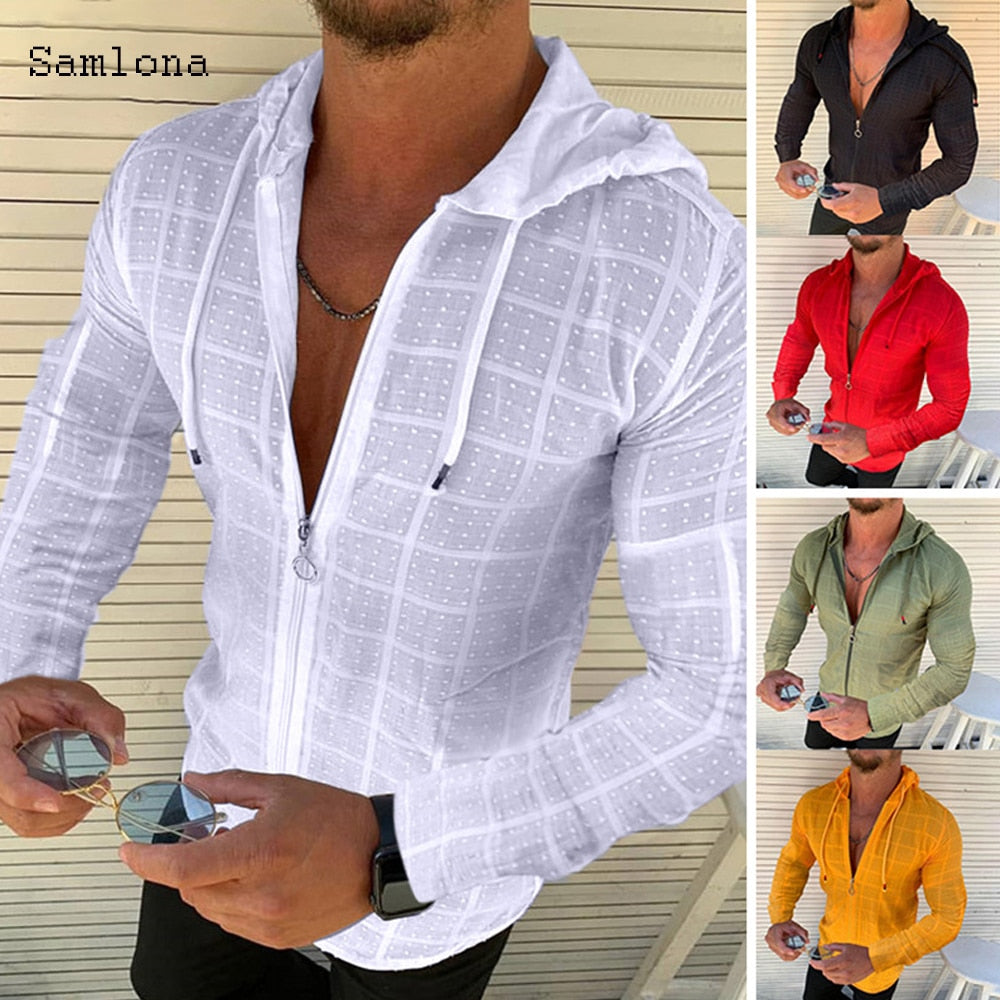 Summer European And American New Men's Casual Fitness Running Sports V Neck Zipper Hooded Striped Shirt Loose|Casual Shirts|