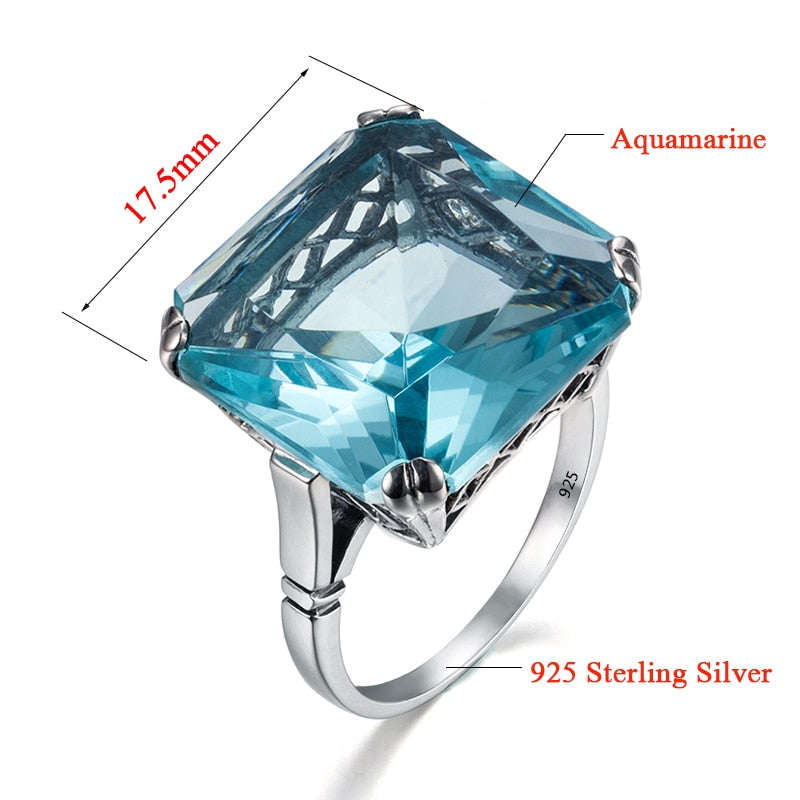 925 Sterling Silver 17*17mm Square Aquamarine Ring For Women Vintage Sparkling Gemstone