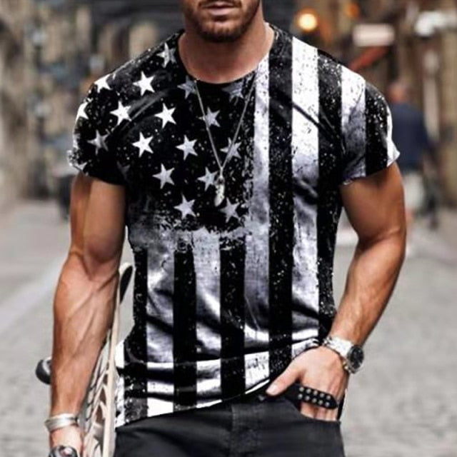 2021 Summer American Flag Print Men's Casual Fashion T shirt Round Neck Loose Oversize Muscle Streetwear Clothing Man's Tshirt|T-Shirts|