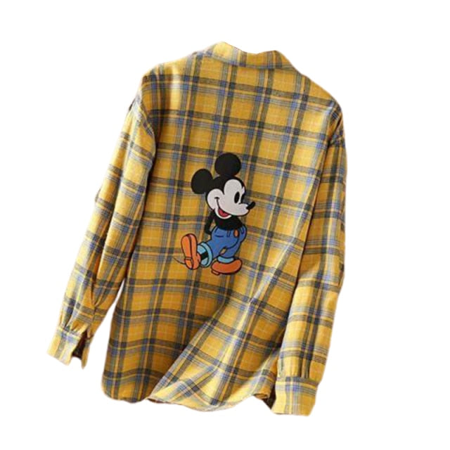 Disney Mickey Mouse Spring and Autumn Woman Wild Simple Plaid Blouses Shirts Retro Print Casual fashion Shirt|Blouses & Shirts|