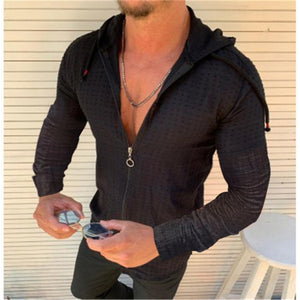 Summer European And American New Men's Casual Fitness Running Sports V Neck Zipper Hooded Striped Shirt Loose|Casual Shirts|