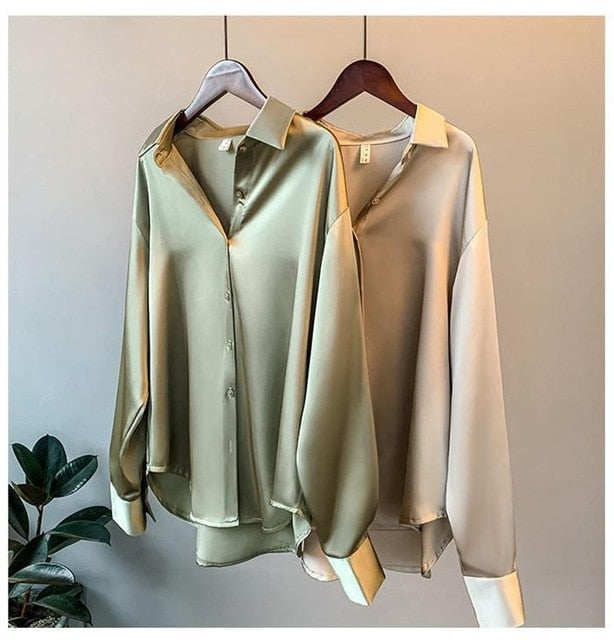 High Quality Elegant Imitation Silk Blouse Spring Women Fashion Long Sleeves Satin Blouse Vintage Femme Stand Street Shirts|Blouses & Shirts|