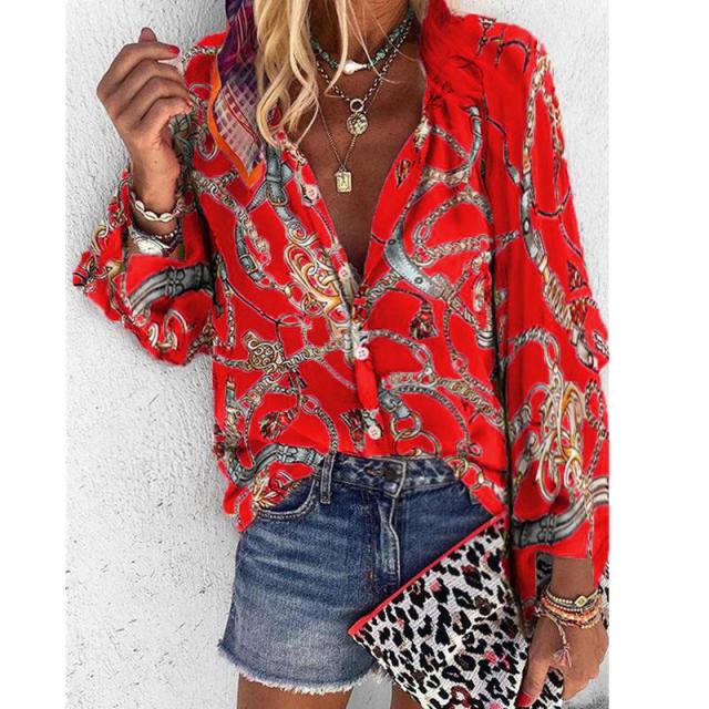 2020 New Design Plus Size Women Blouse V neck Long Sleeve Chains Print Loose casual Shirts Womens Tops And Blouses|Blouses & Shirts|