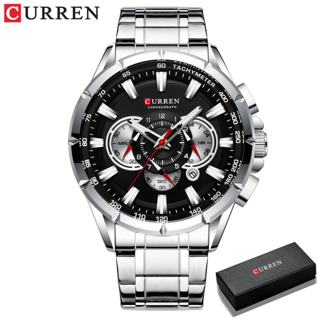 CURREN New Casual Sport Chronograph Men's Watches Stainless Steel Band Wristwatch Big Dial Quartz Clock with Luminous Pointers|Quartz Watches|