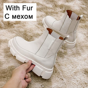 RIZABINA Ins Real Leather Women Ankle Boots Fashion Platform Warm Fur High Heel Winter Shoes Woman Casual Footwear Size 35 42|Ankle Boots|